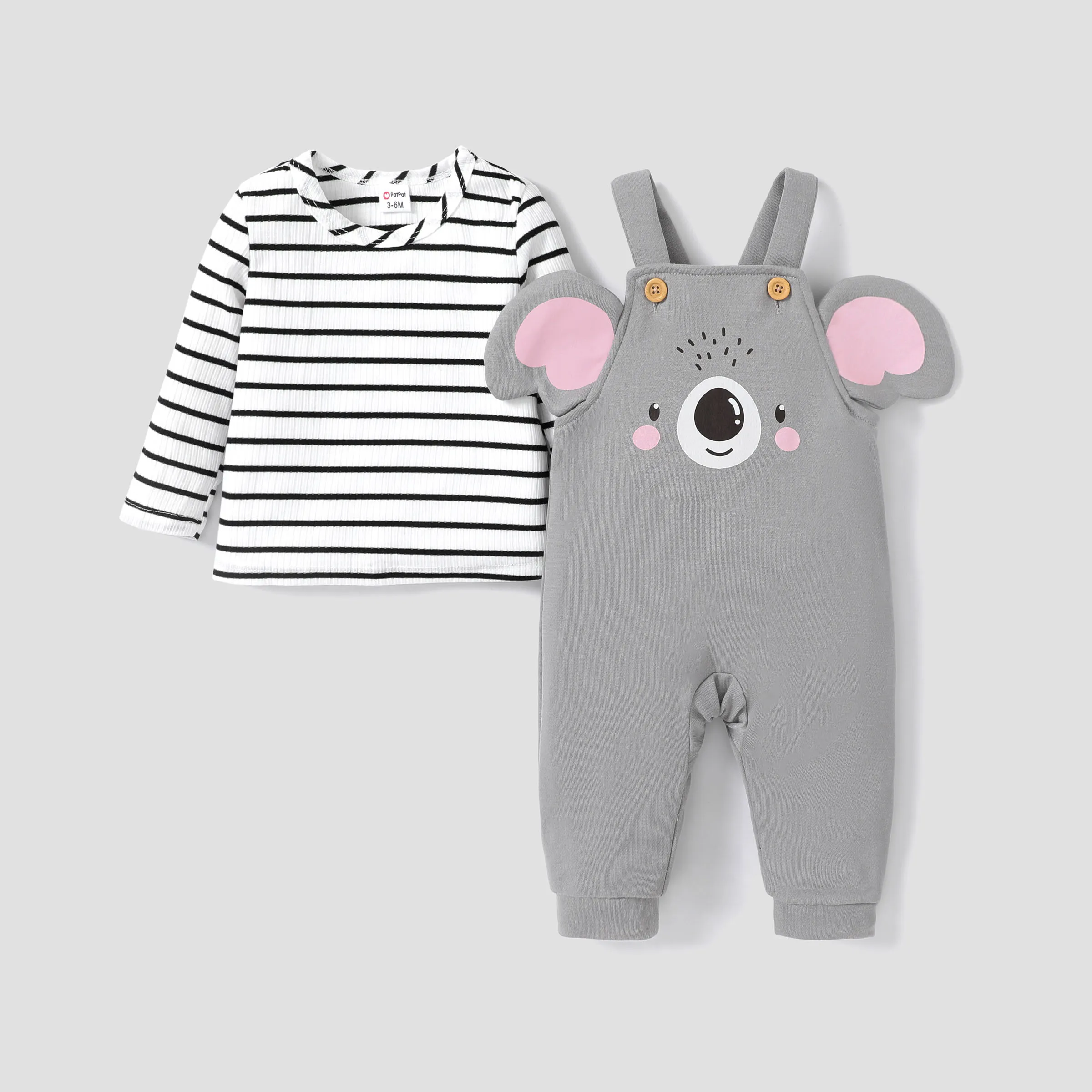 2pcs Baby Boys/Girls Childlike Long Sleeve Top and Hanging Strap and Elephant Pattern Overalls Set