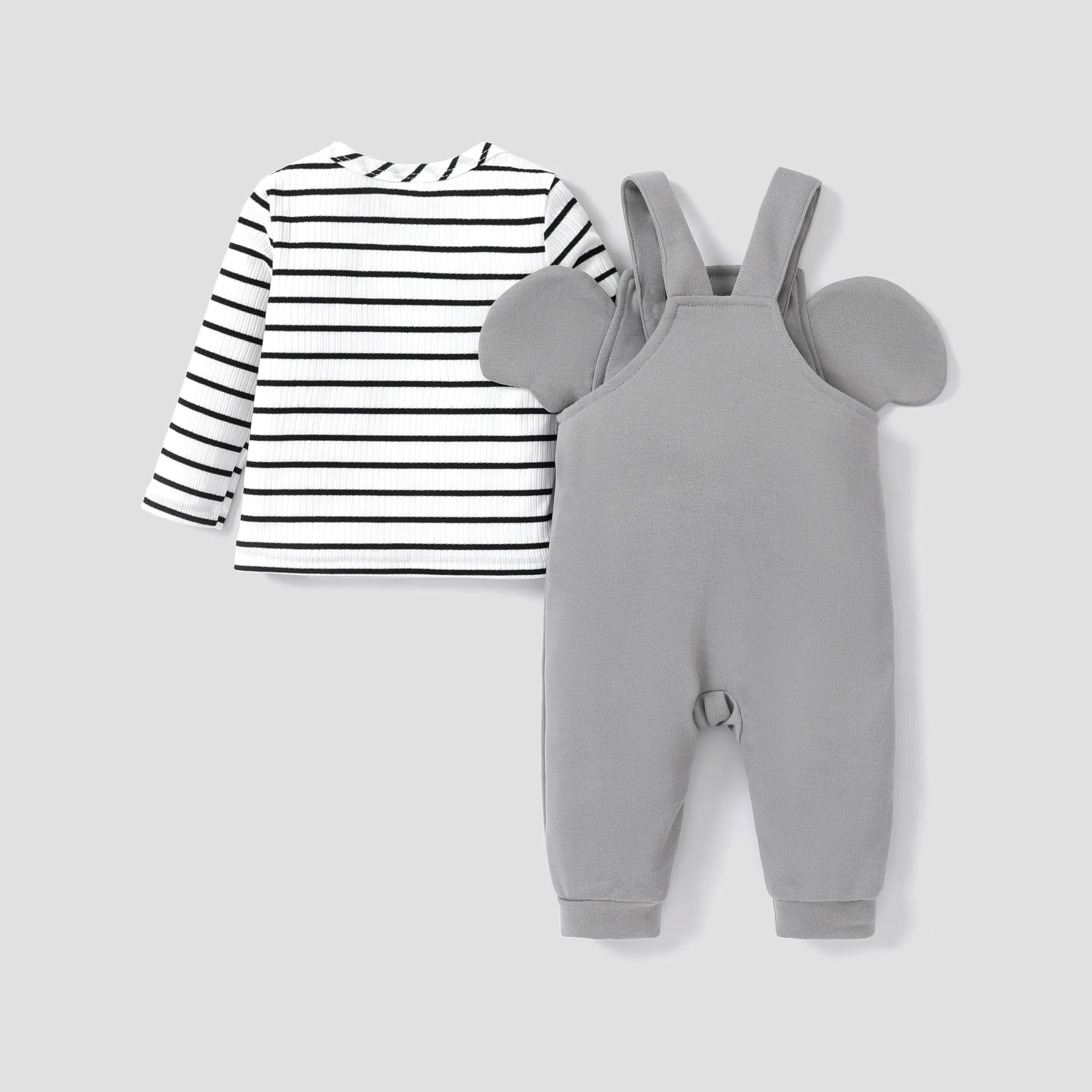 2pcs Baby Boys/Girls Childlike Long Sleeve Top and Hanging Strap and Elephant Pattern Overalls Set