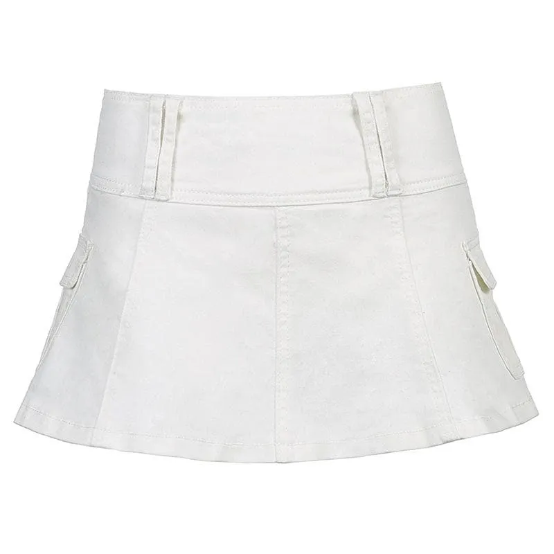 A line zip-up cargo pocket solid medium rise denim midi skirt y2k 90s Revival Techno Fashion