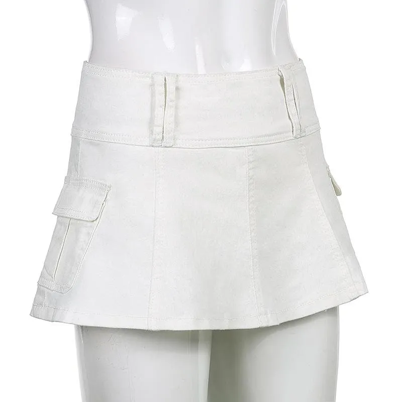 A line zip-up cargo pocket solid medium rise denim midi skirt y2k 90s Revival Techno Fashion