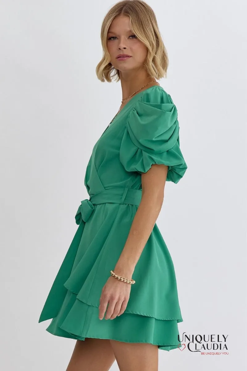 Agatha Surplice Ruched Sleeve Tiered Mini Dress