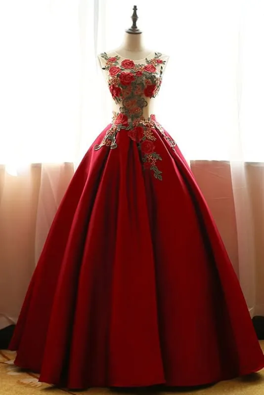 Ball Gown Red Floor-length Scoop Sleeveless rose applique Prom Elegant Formal Dresses