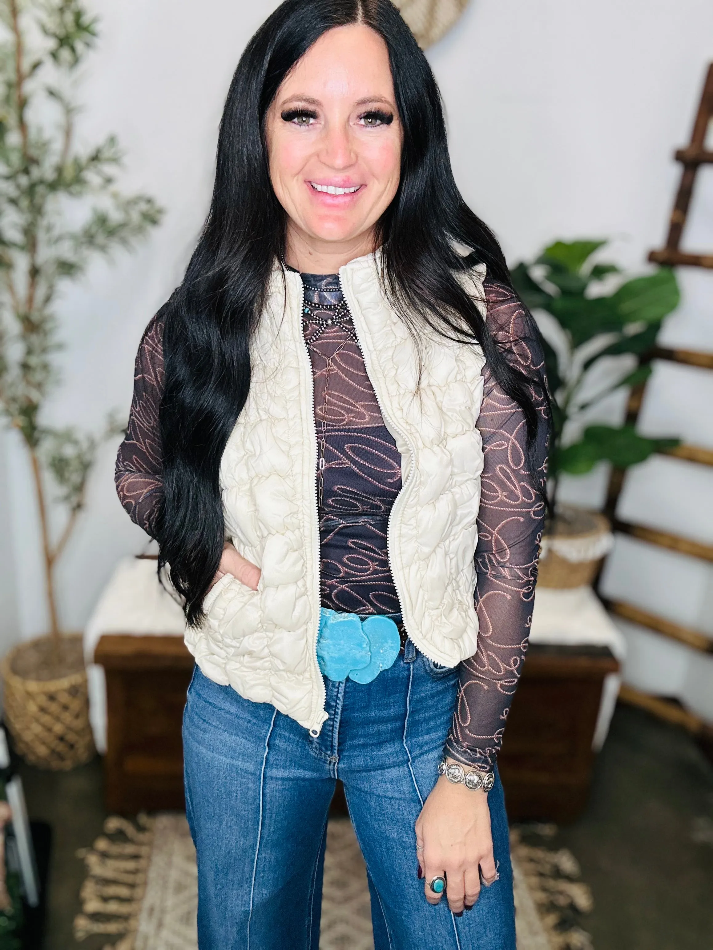 Betsy Bubble Quilted Puffer Vest Ecru