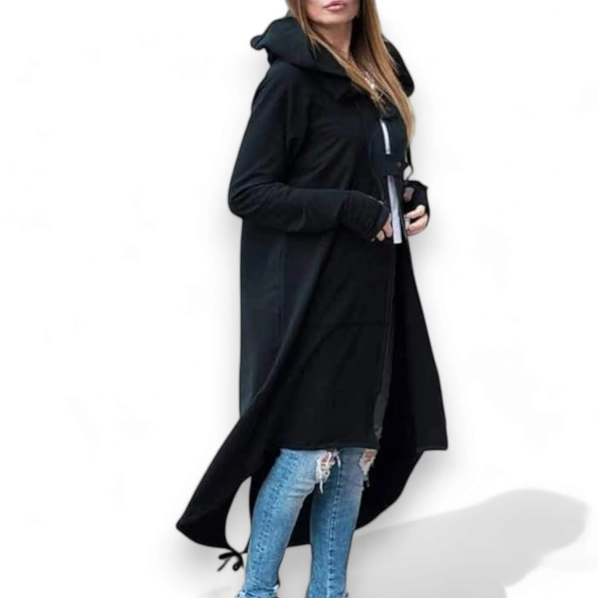 Black Long Zipper Fleece Hooded Jacket