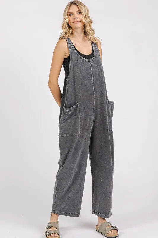 Black Scoop Neck Wide Leg Overalls