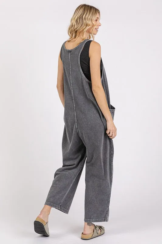 Black Scoop Neck Wide Leg Overalls