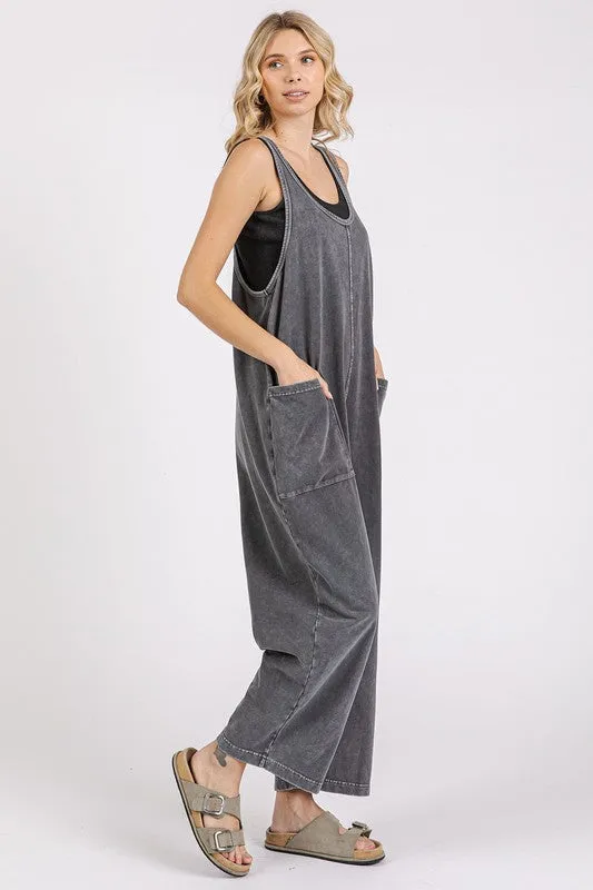 Black Scoop Neck Wide Leg Overalls