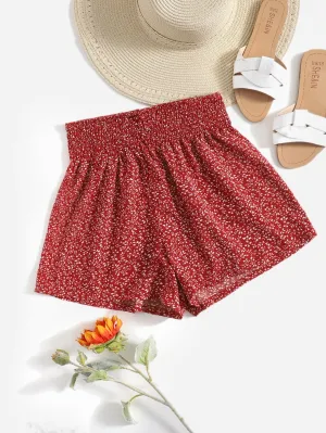 Boho All Over Print Shirred High Waist Women Shorts