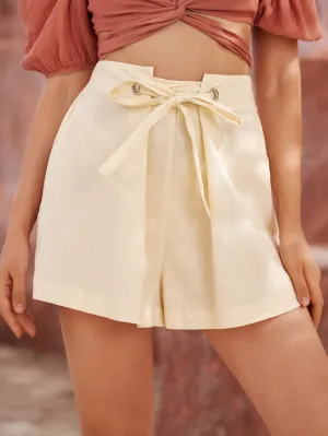 Boho Plain Tie Front High Waist Women Shorts