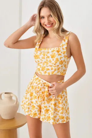 Boho Style Floral Side Zipper Crop Top & High Waist Front Belt Back Zipper Shorts Set