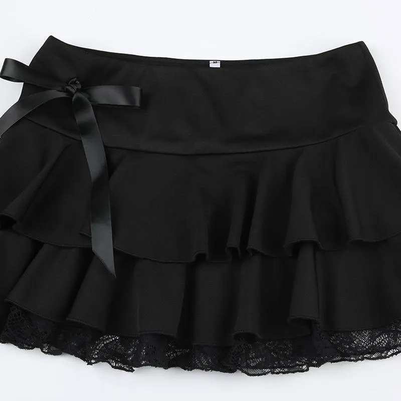 Bowknot solid ruffle lace hem low rise mini skirt