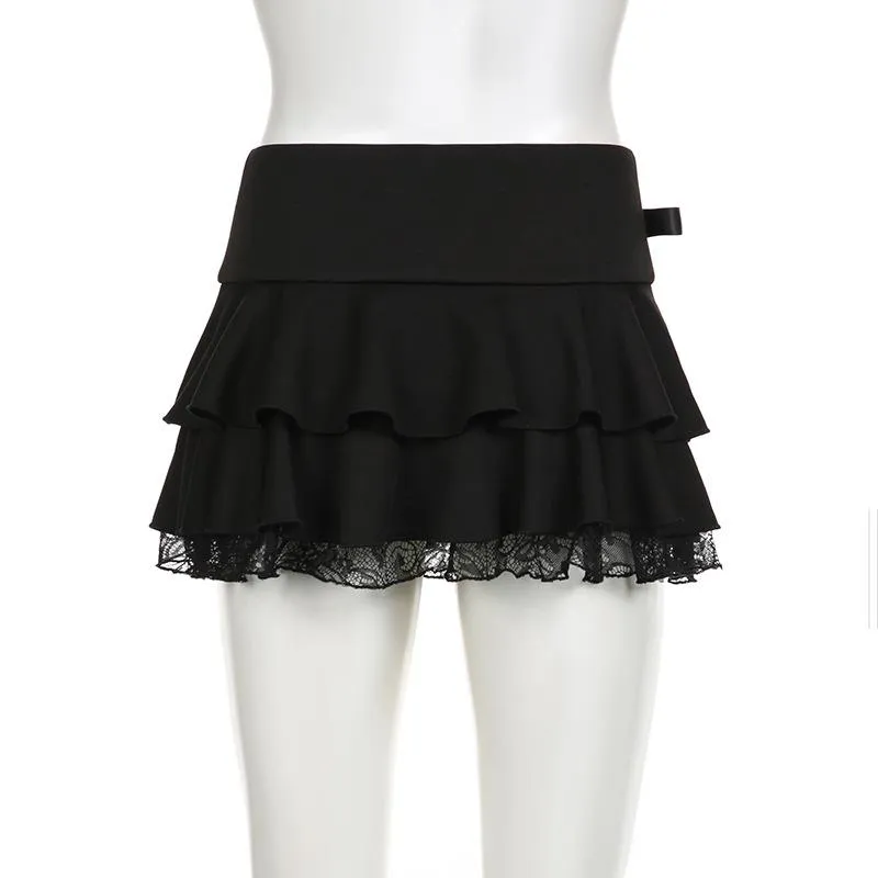 Bowknot solid ruffle lace hem low rise mini skirt