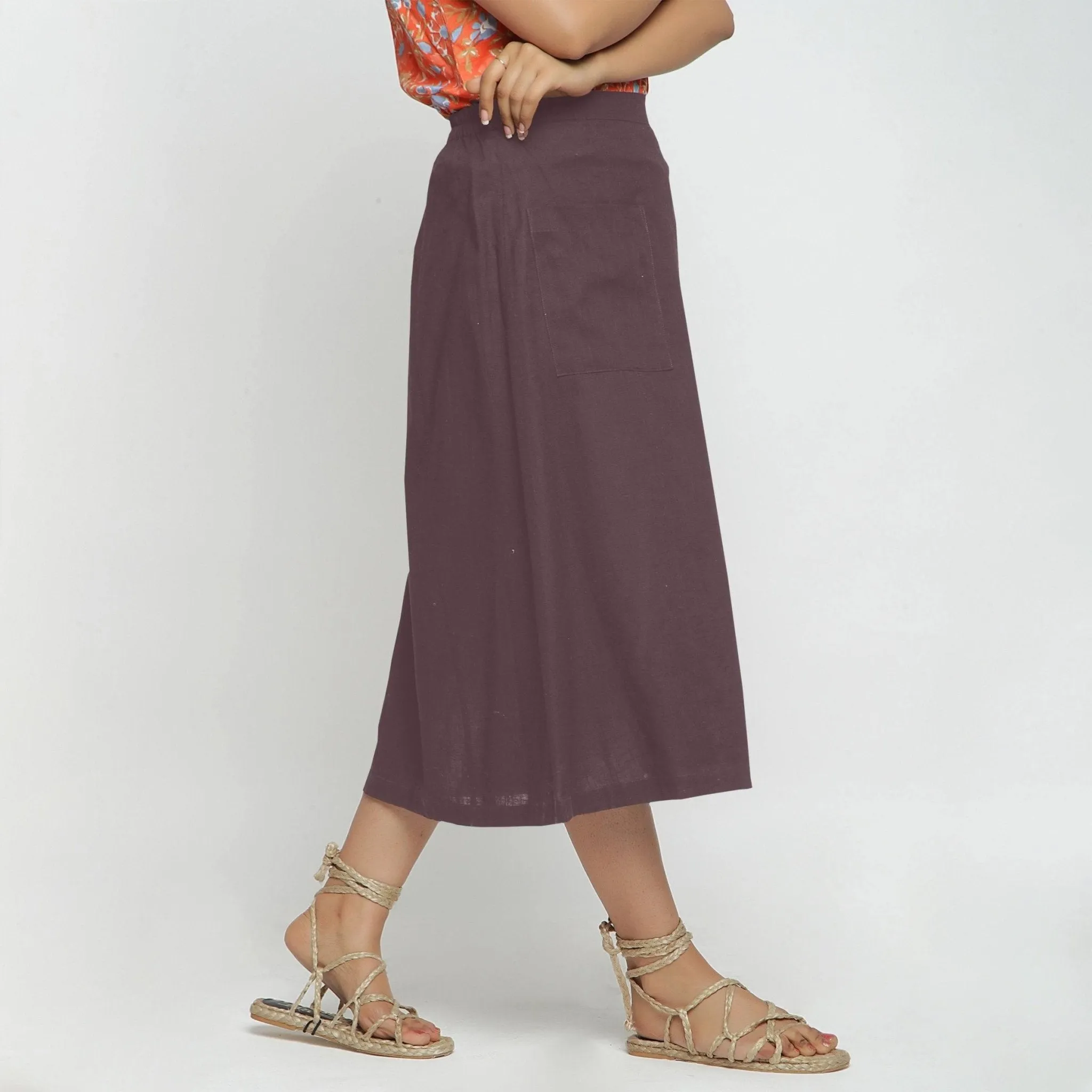 Brown Cotton Flax Paneled Elasticated Midi Skirt