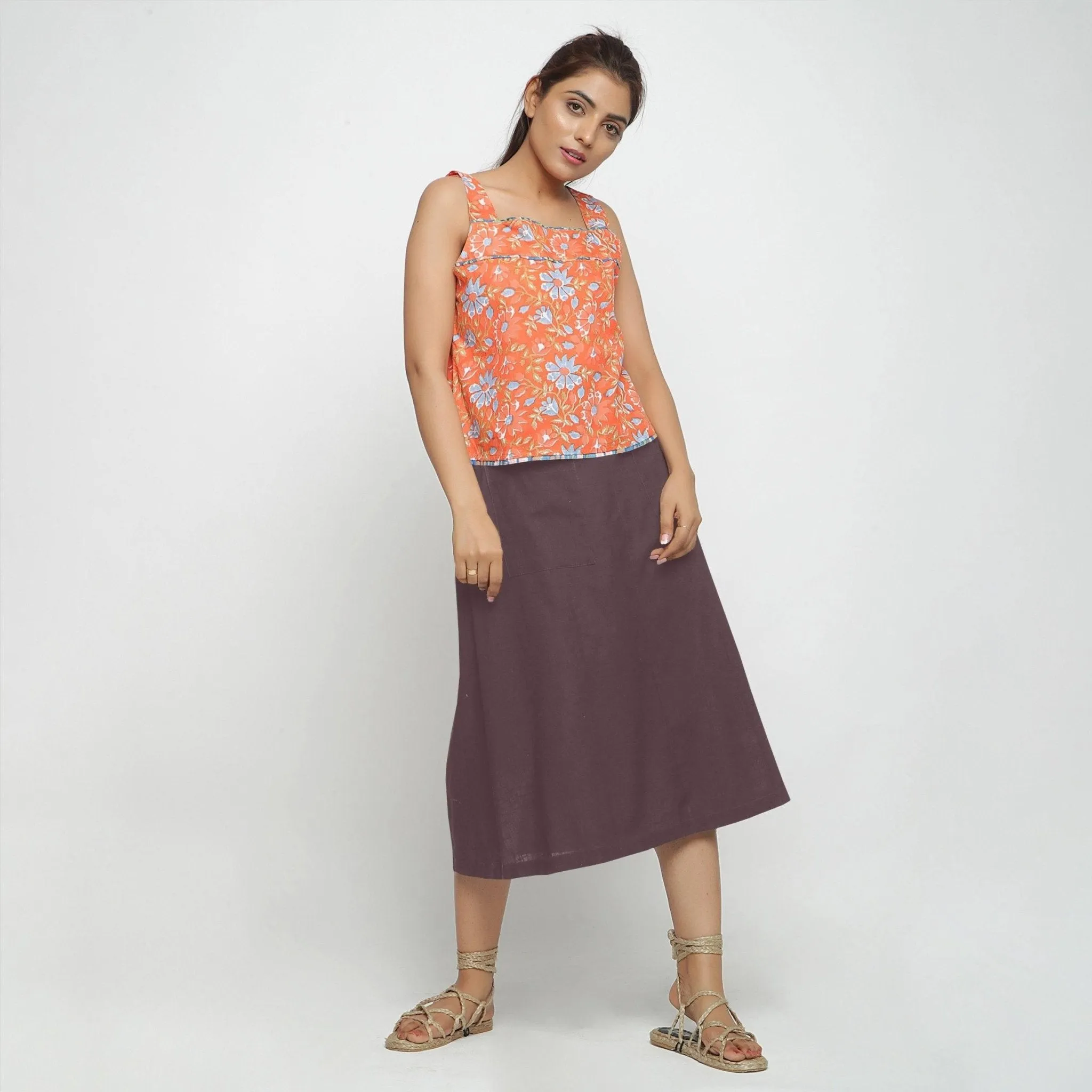 Brown Cotton Flax Paneled Elasticated Midi Skirt