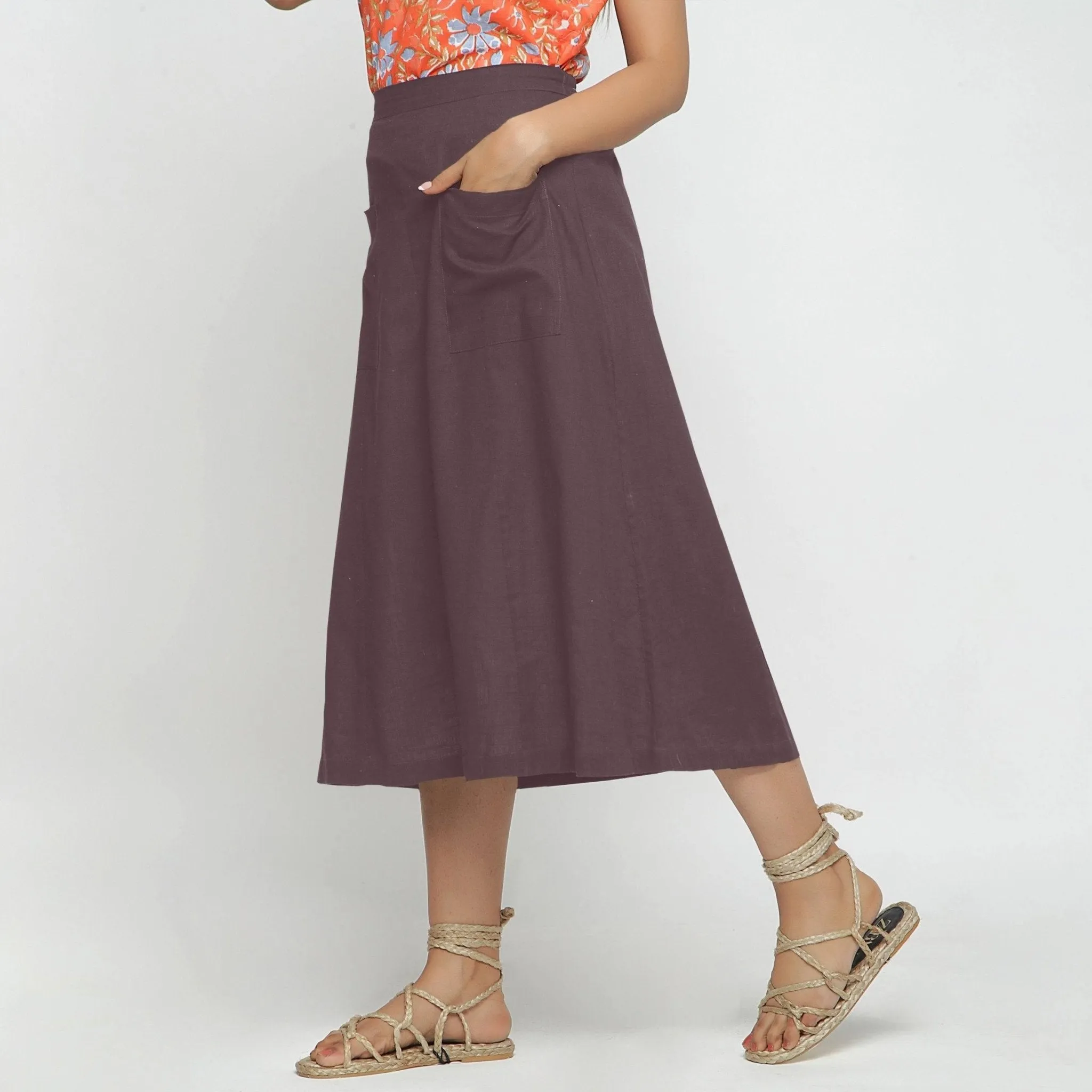 Brown Cotton Flax Paneled Elasticated Midi Skirt