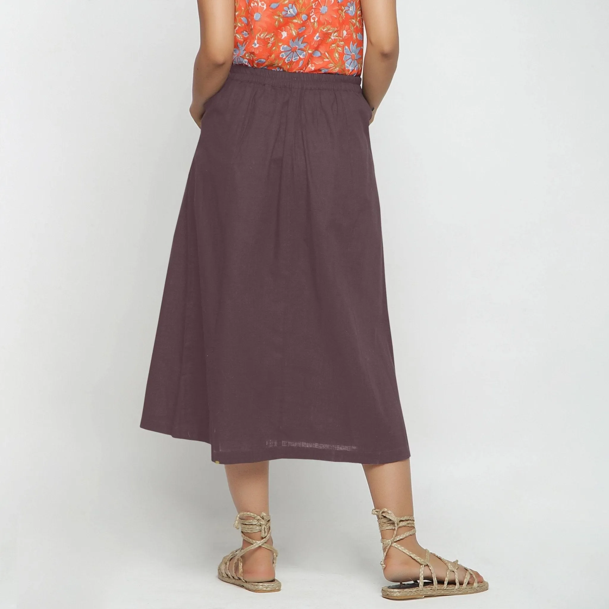 Brown Cotton Flax Paneled Elasticated Midi Skirt