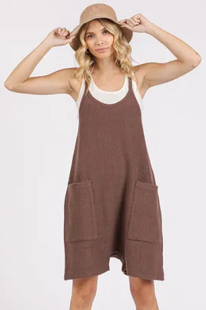 Brown Scoop Neck Spaghetti Strap Overalls with Pockets
