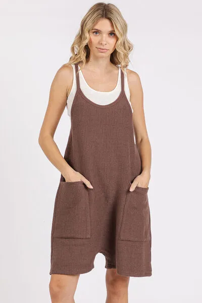 Brown Scoop Neck Spaghetti Strap Overalls with Pockets