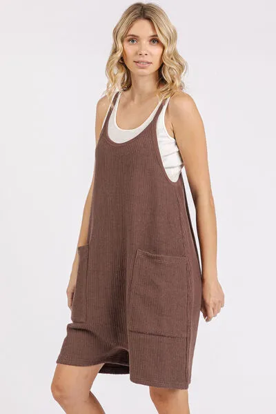 Brown Scoop Neck Spaghetti Strap Overalls with Pockets