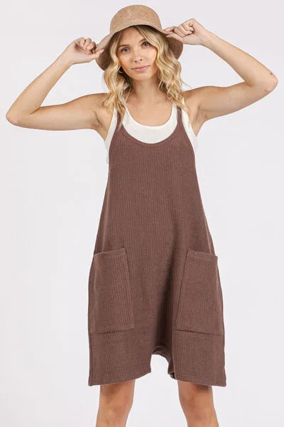 Brown Scoop Neck Spaghetti Strap Overalls with Pockets