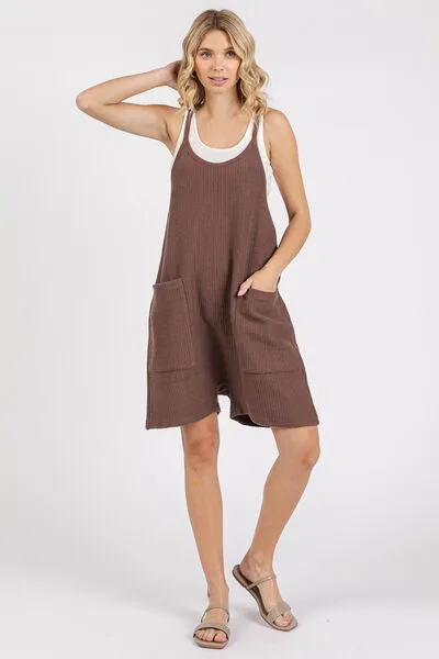 Brown Scoop Neck Spaghetti Strap Overalls with Pockets