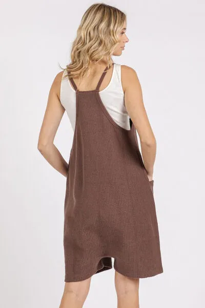 Brown Scoop Neck Spaghetti Strap Overalls with Pockets