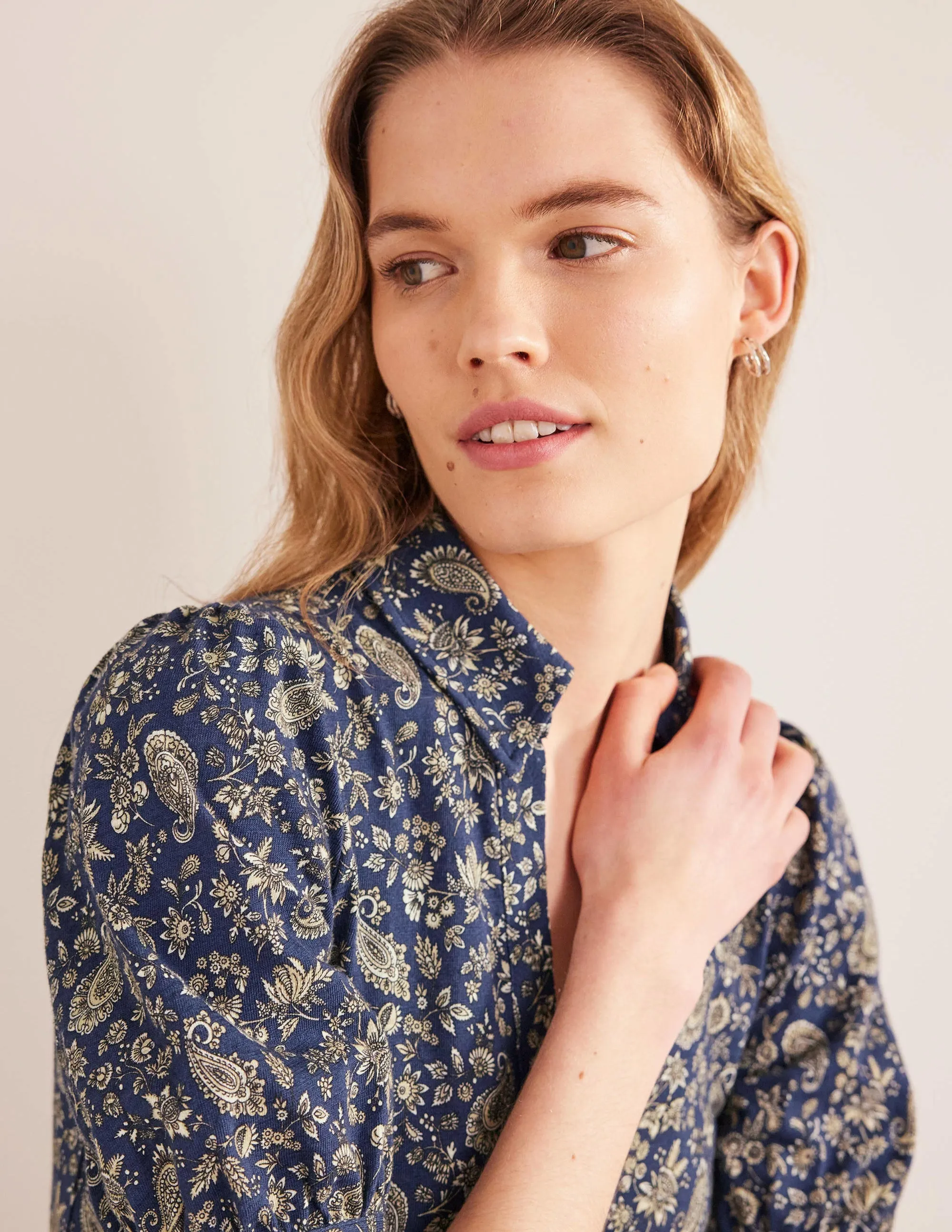 Button Jersey Mini Tea Dress-Navy, Dandelion Paisley