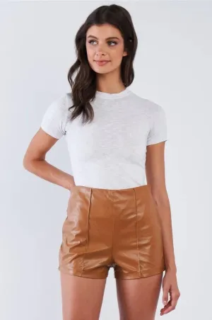 Camel Vegan Leather High Waisted Side Zipper Mini Shorts