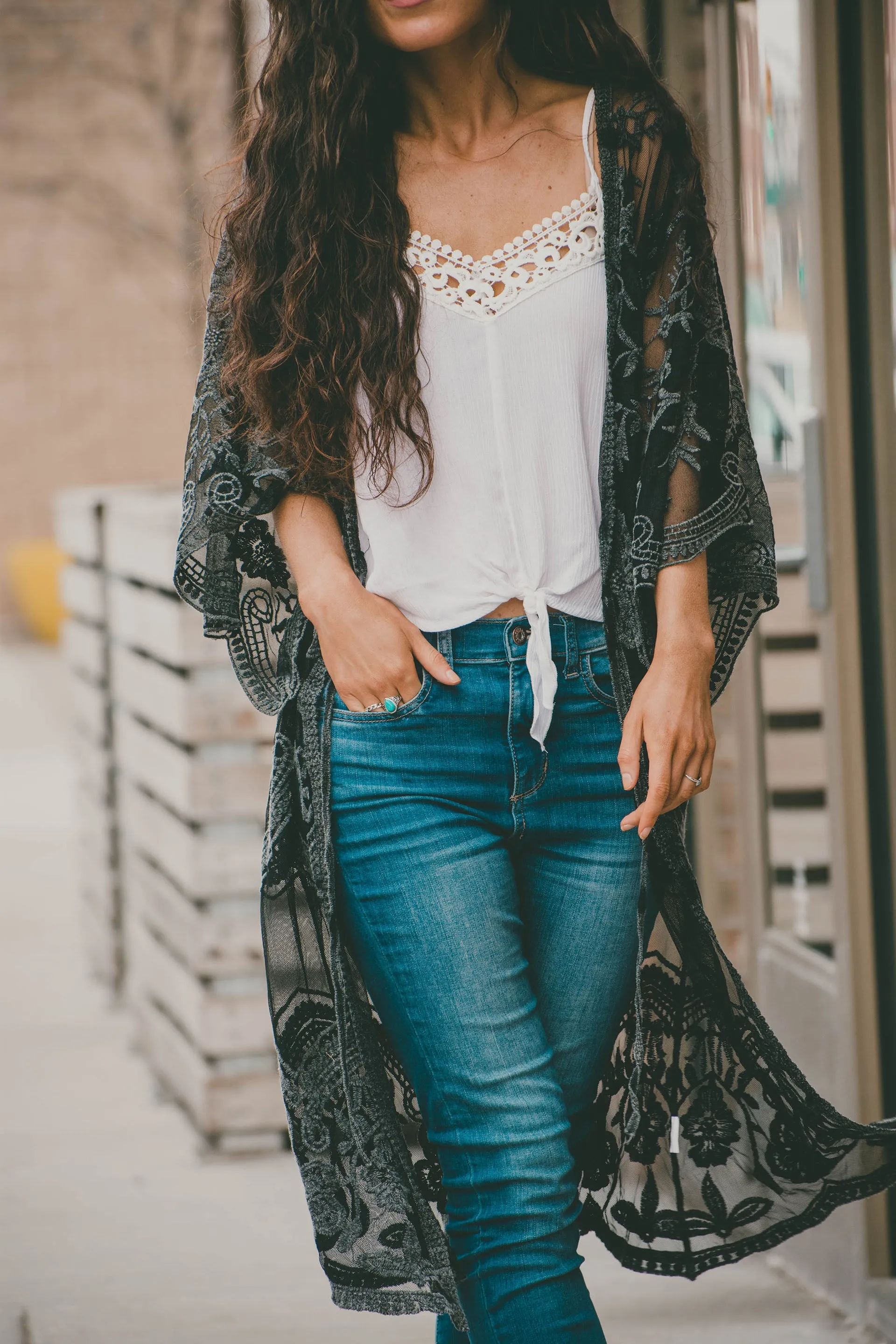 Celeste Stone Washed Lace Kimono Duster - Black