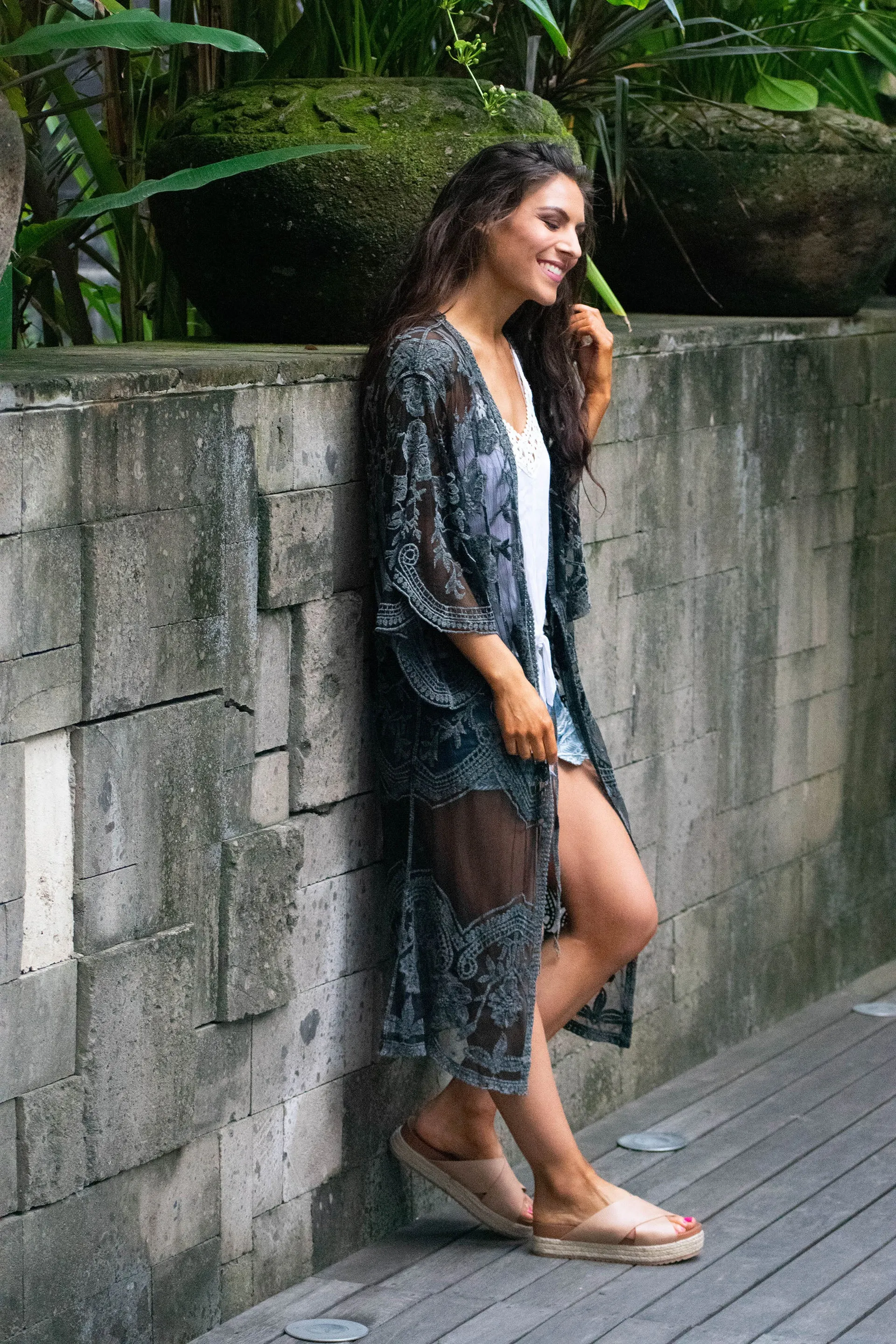 Celeste Stone Washed Lace Kimono Duster - Black