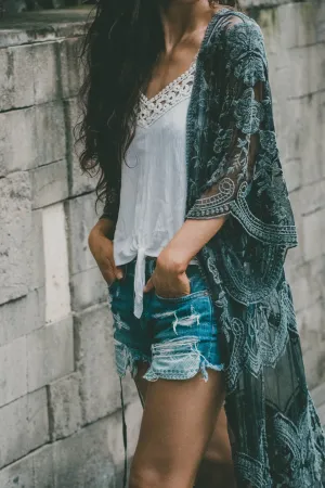 Celeste Stone Washed Lace Kimono Duster - Black