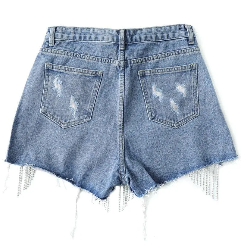 Cut-out Denim Shorts with Tassels