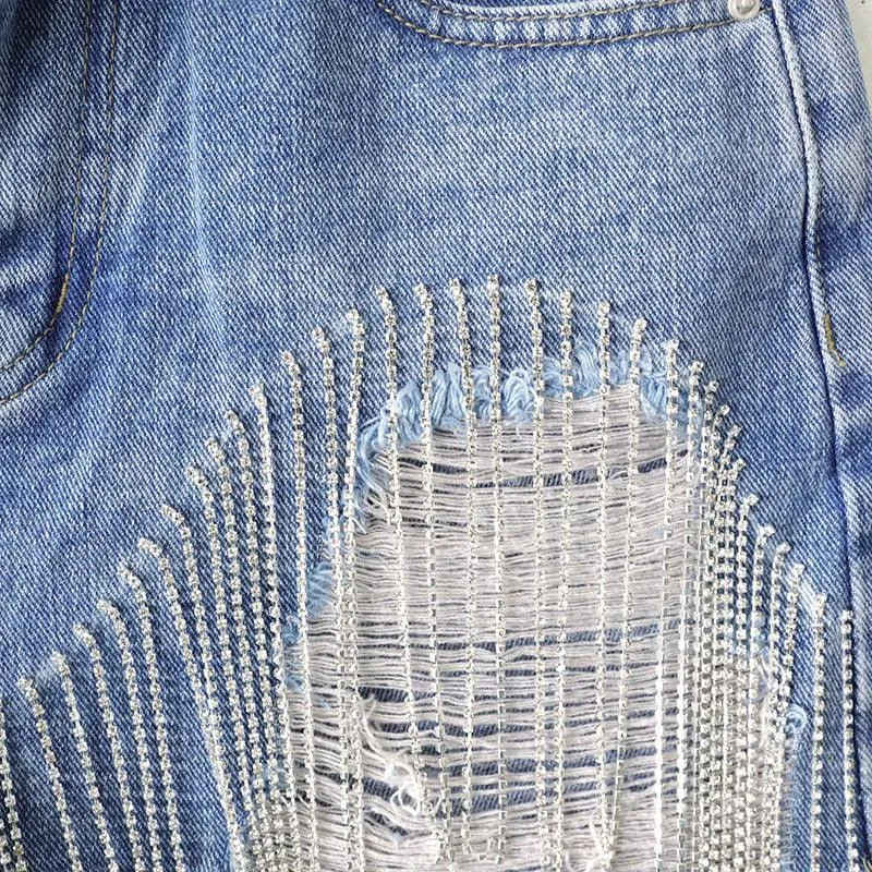 Cut-out Denim Shorts with Tassels