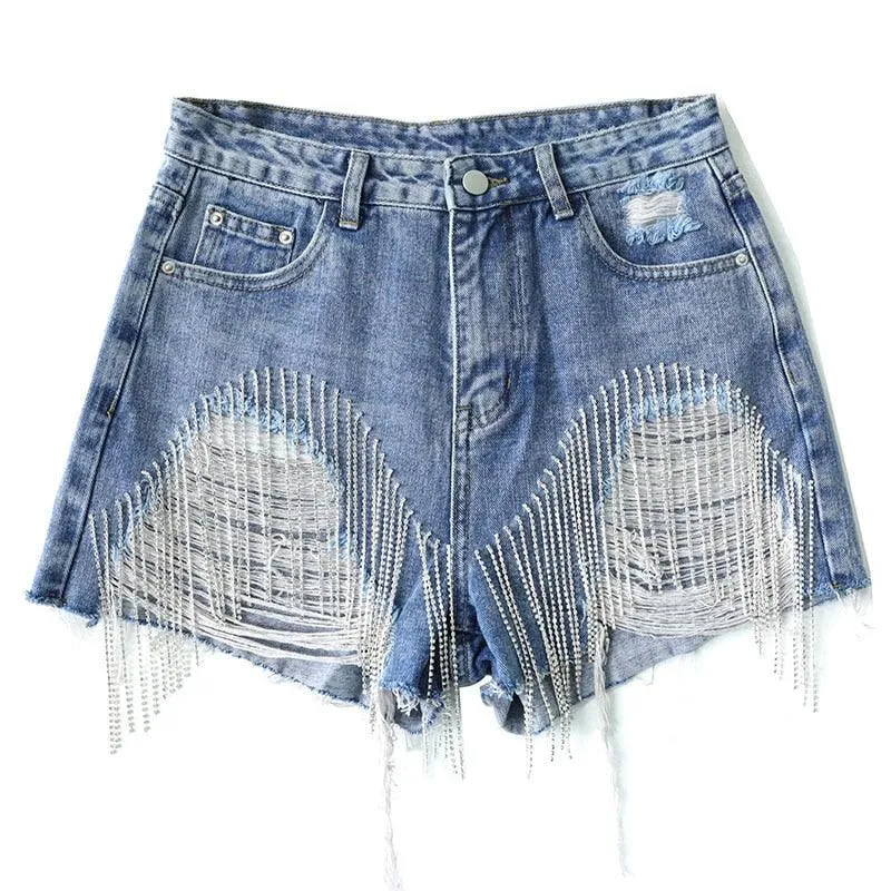 Cut-out Denim Shorts with Tassels