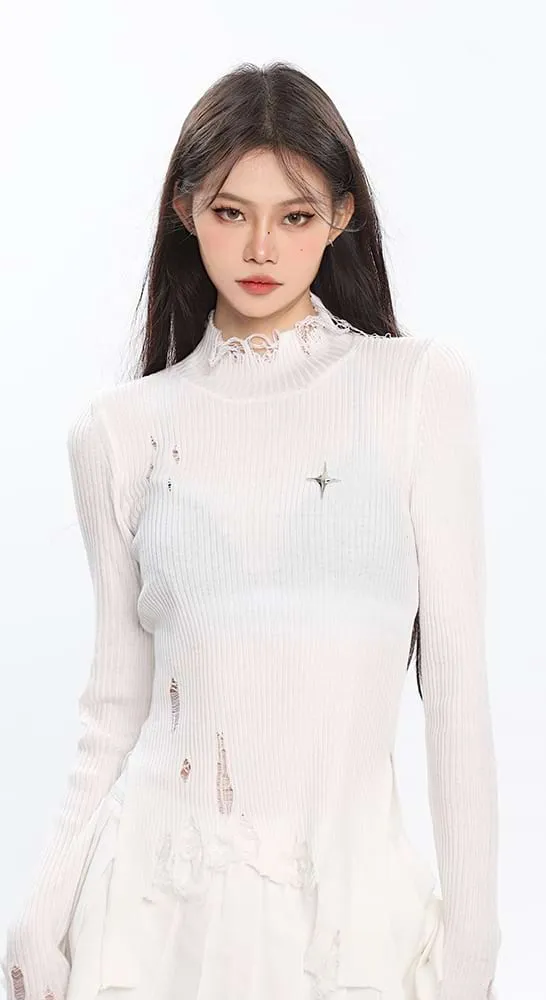 Distressed High Neck Long Sleeve Top