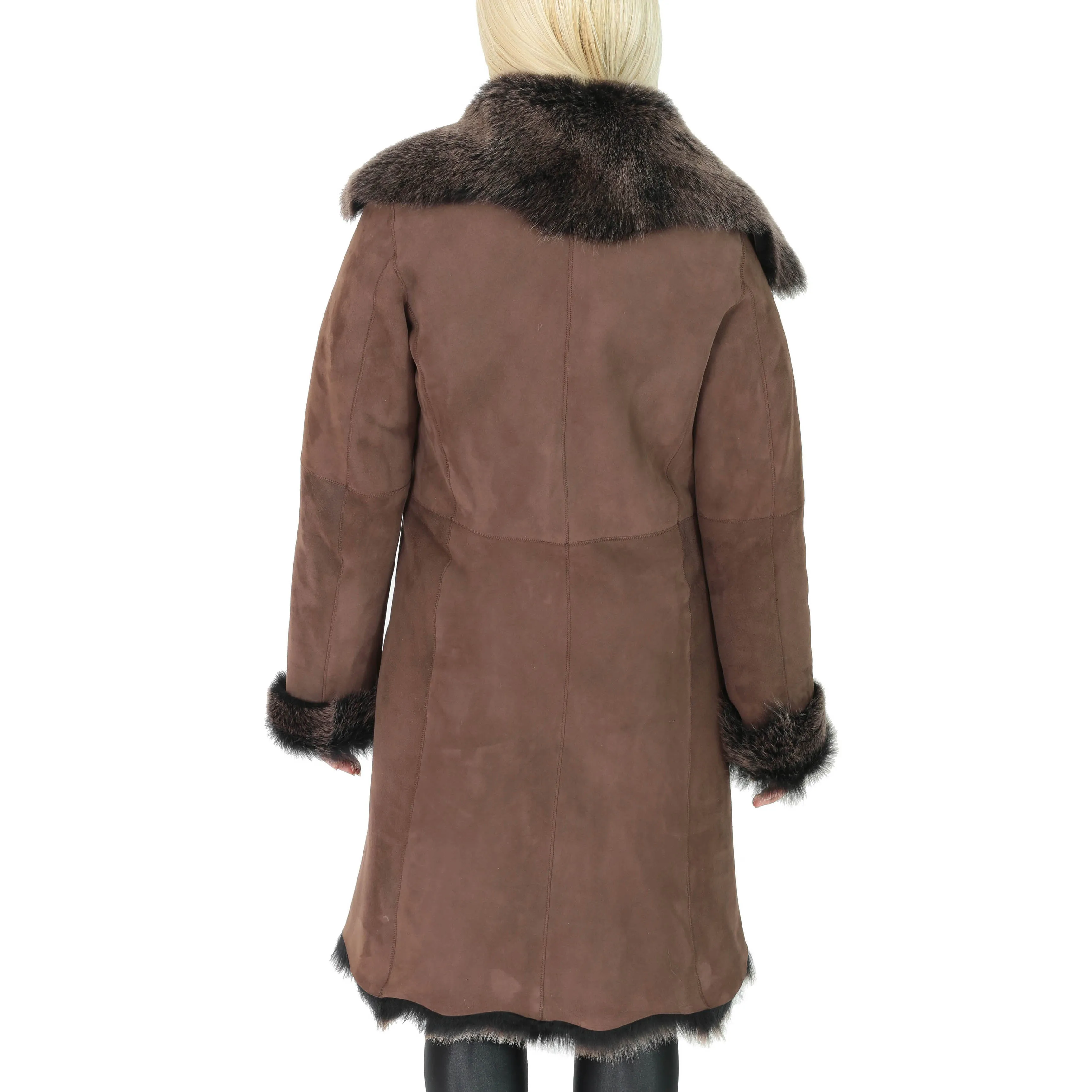 DR220 Women's Shearling Long Italian Sheepskin Leather Coat Brown Gold
