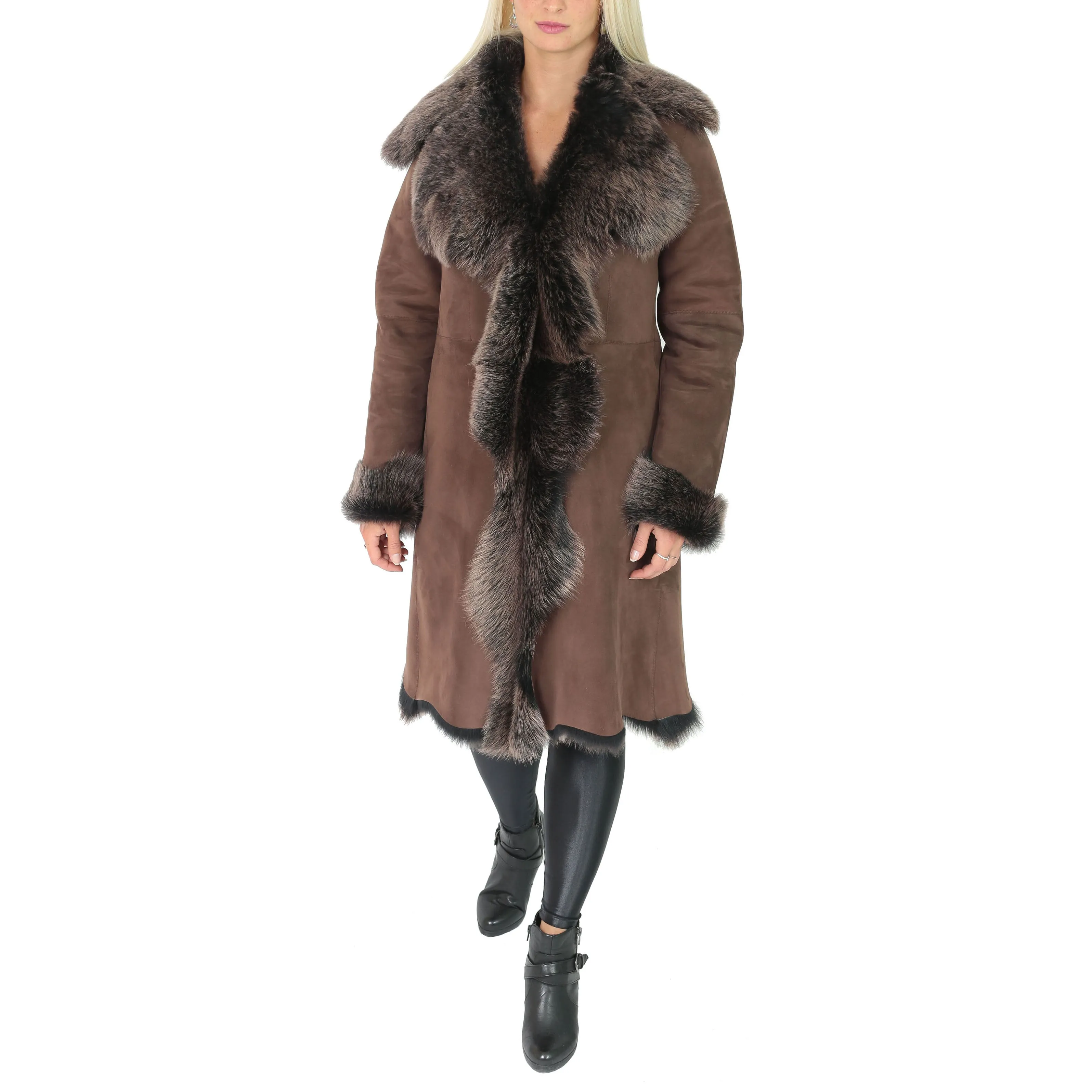 DR220 Women's Shearling Long Italian Sheepskin Leather Coat Brown Gold