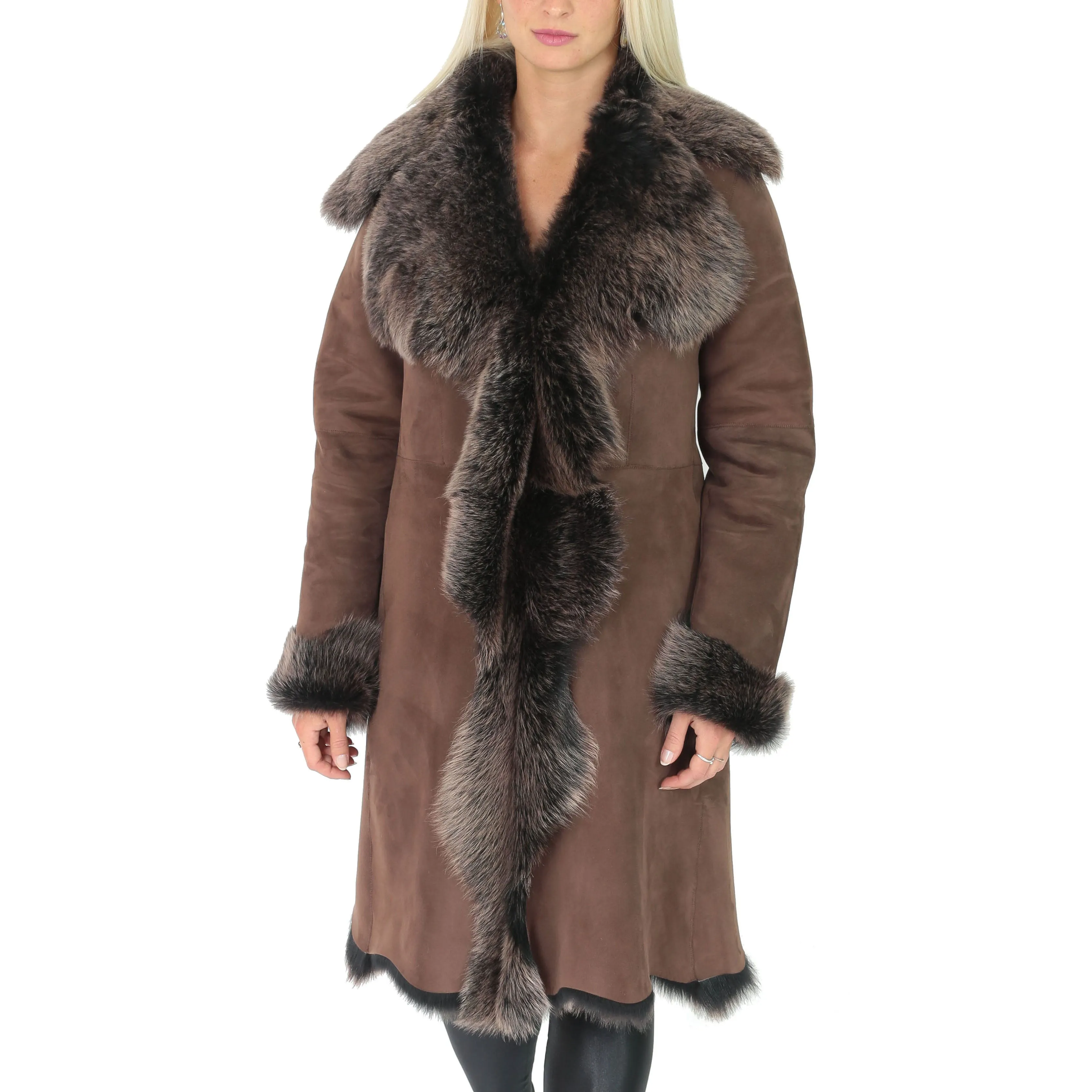 DR220 Women's Shearling Long Italian Sheepskin Leather Coat Brown Gold