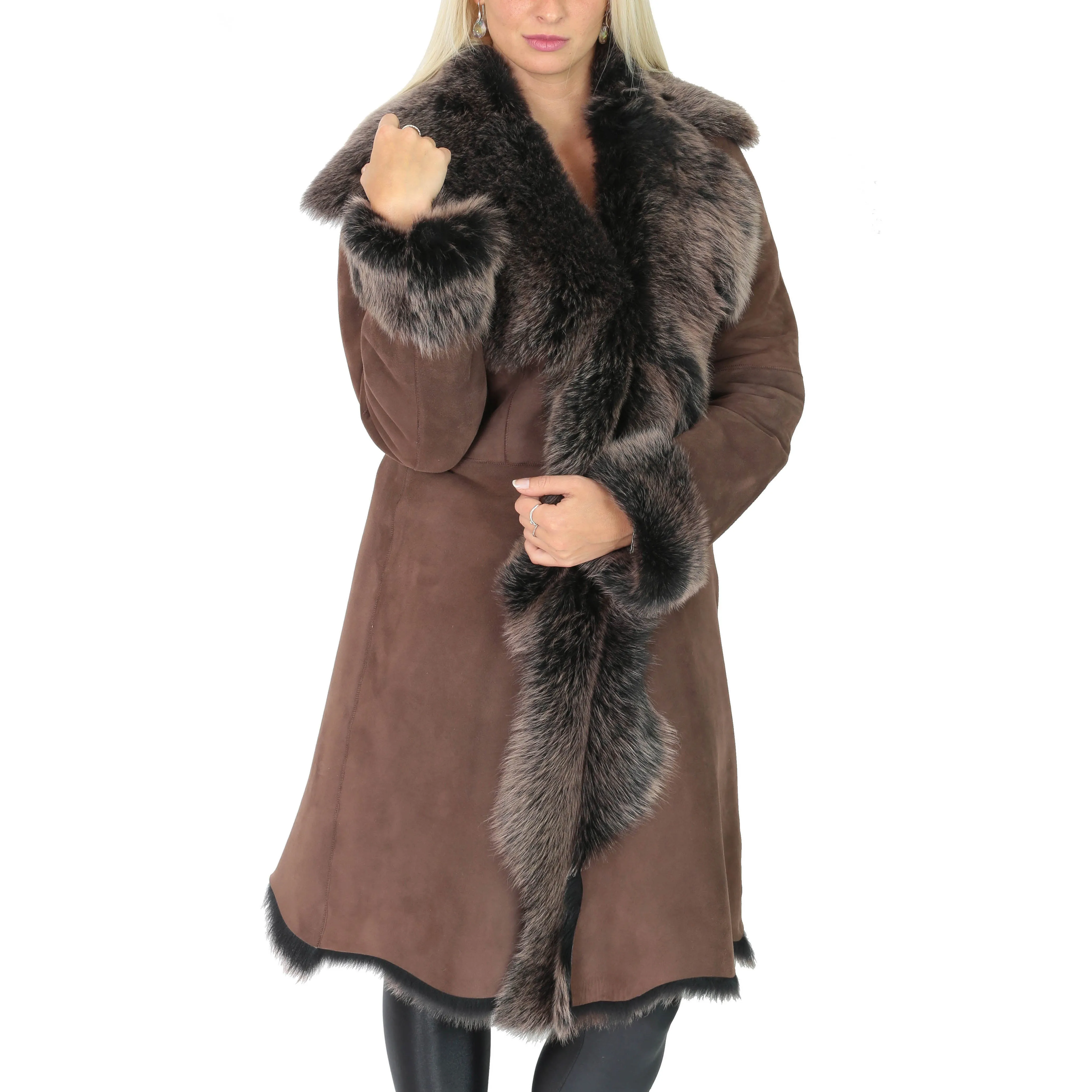 DR220 Women's Shearling Long Italian Sheepskin Leather Coat Brown Gold