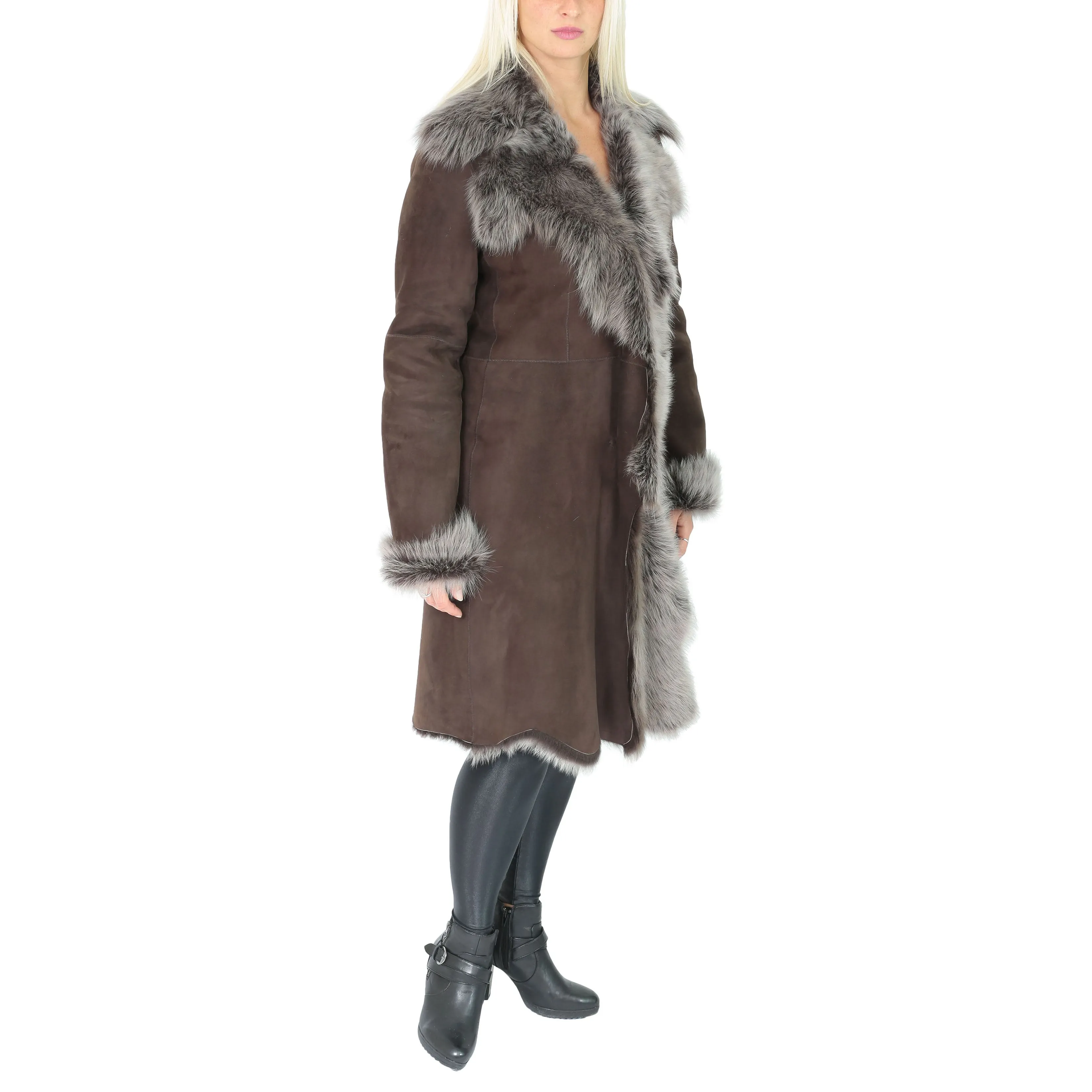 DR220 Women's Shearling Long Italian Sheepskin Leather Coat Brown