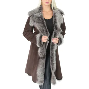 DR220 Women's Shearling Long Italian Sheepskin Leather Coat Brown