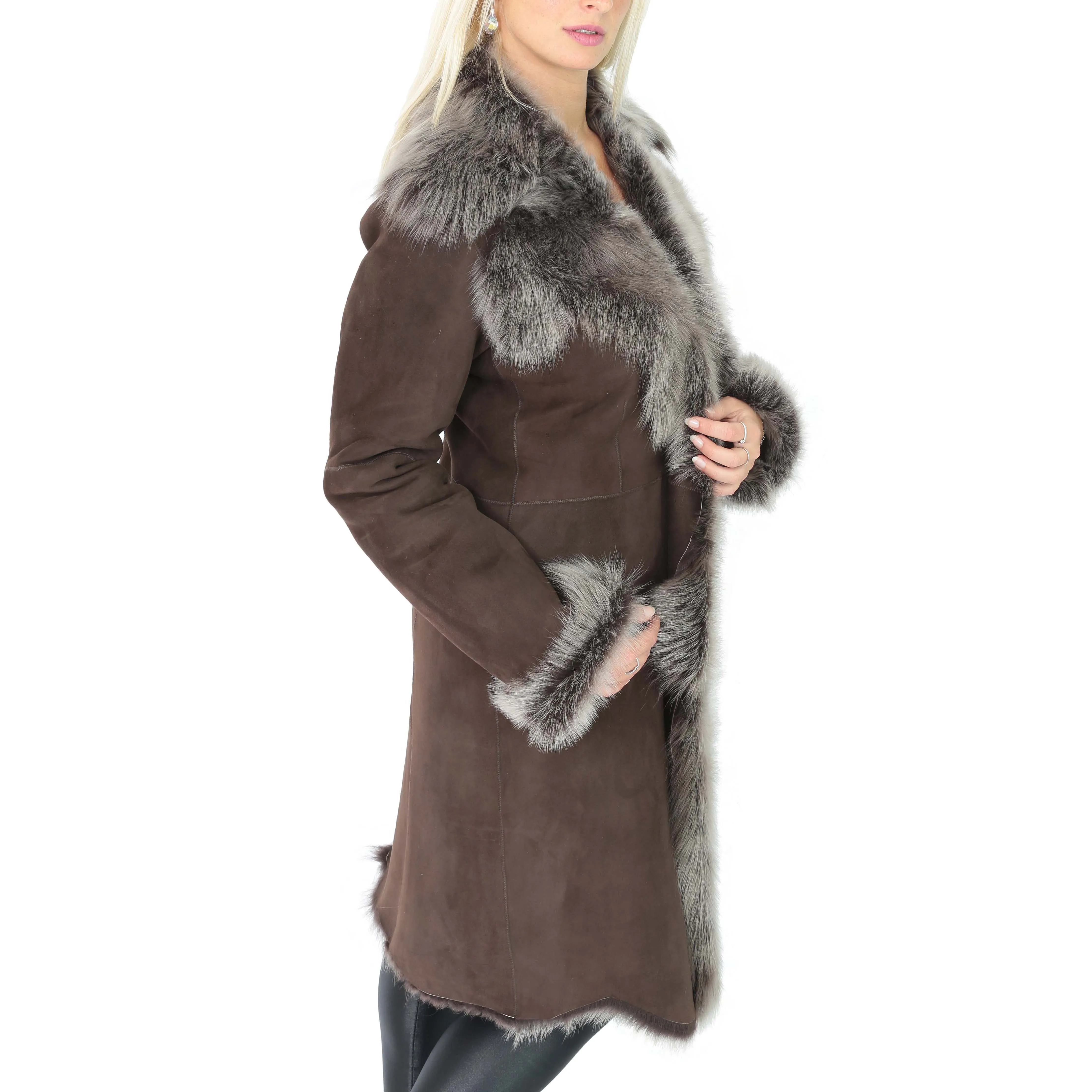 DR220 Women's Shearling Long Italian Sheepskin Leather Coat Brown