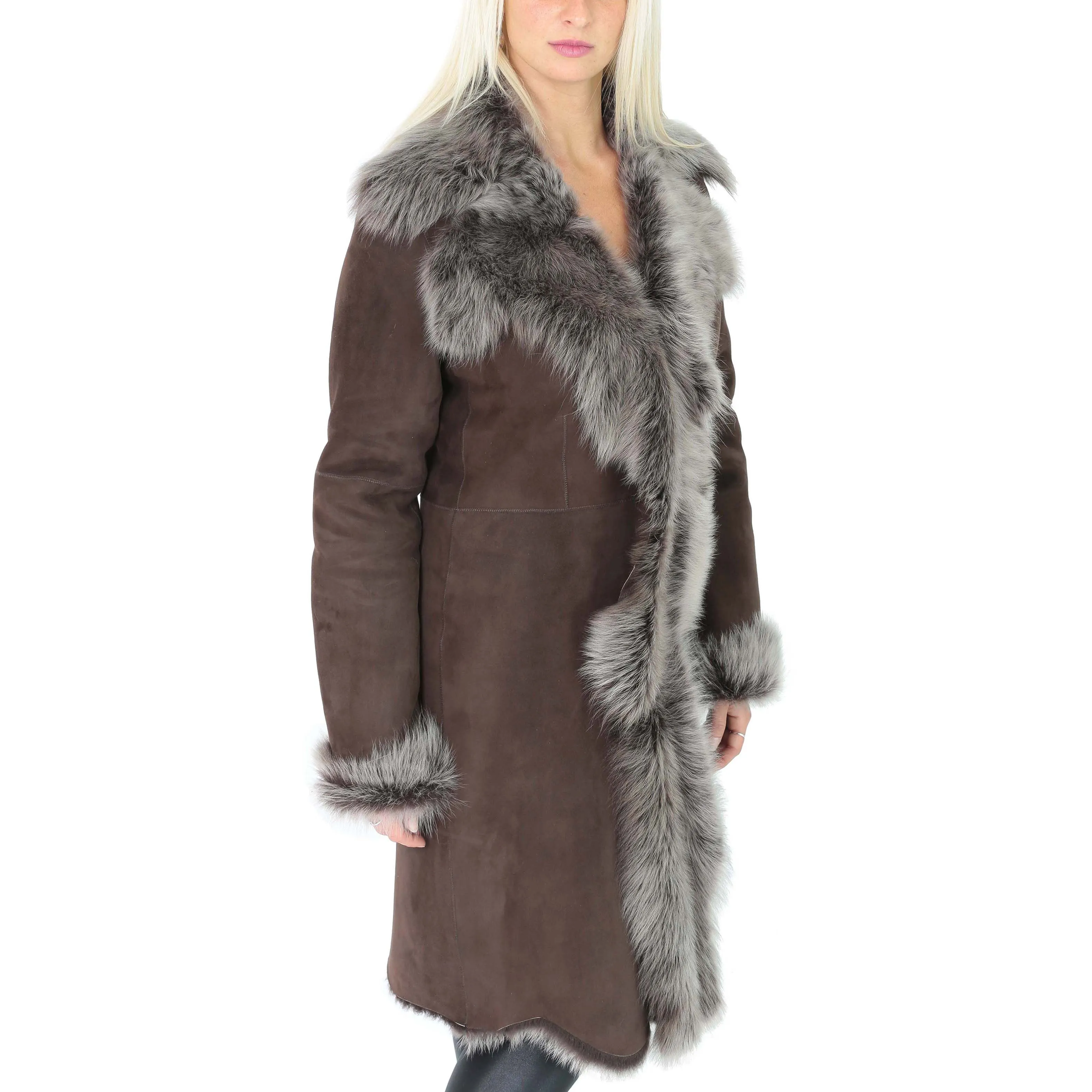 DR220 Women's Shearling Long Italian Sheepskin Leather Coat Brown