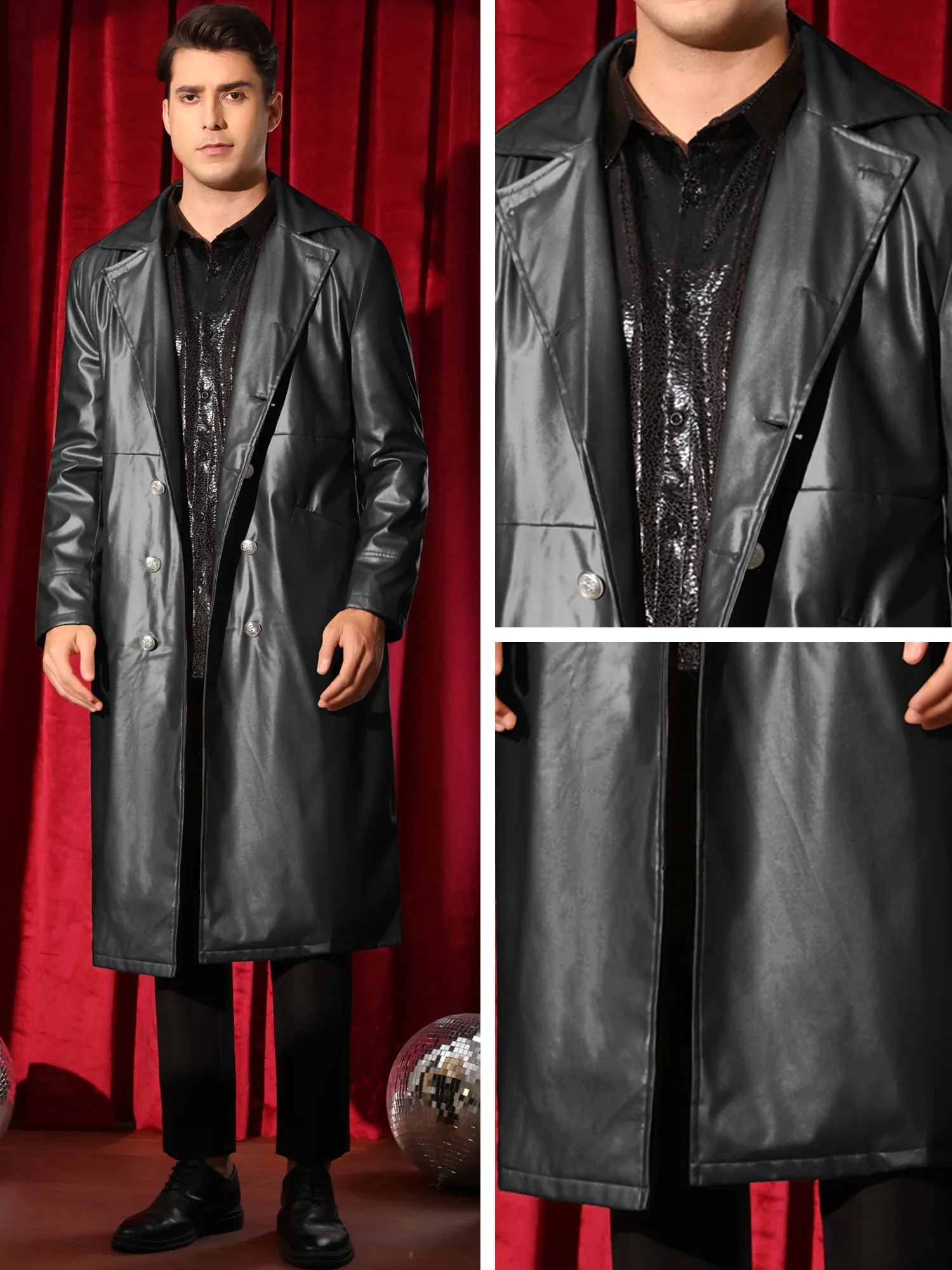 Faux Leather Jacket for Men's Classic Fit Full Length Trench Coat PU Overcoats