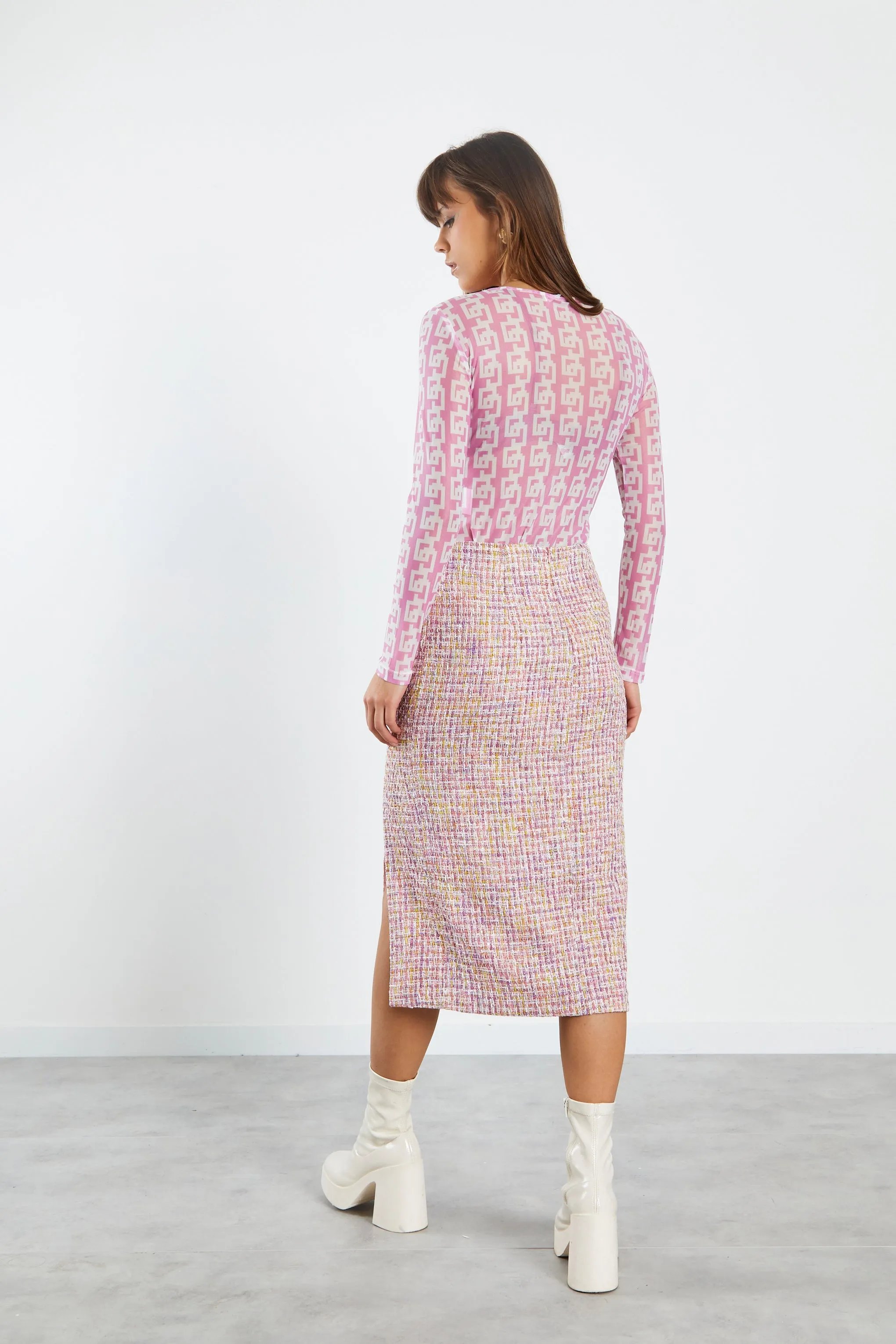 Glamorous Pink Multi Tweed Midi Skirt with Side Split