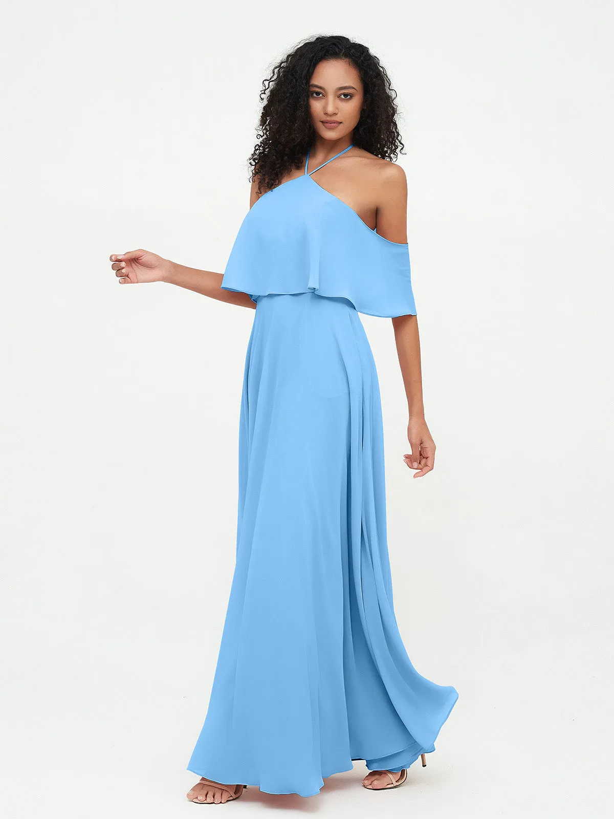 Halter Off the Shoulder Max Dresses with Pockets-Blue