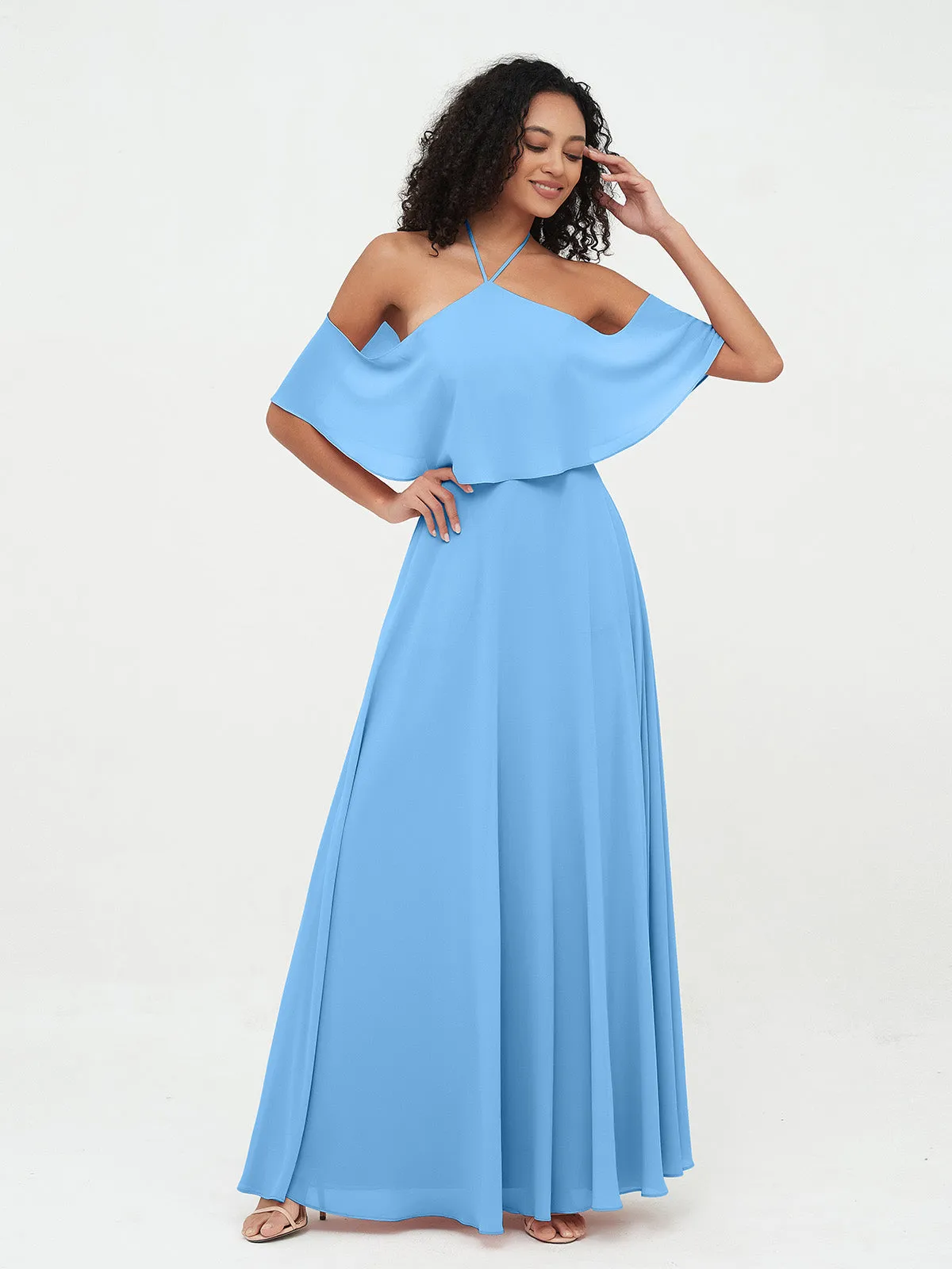 Halter Off the Shoulder Max Dresses with Pockets-Blue