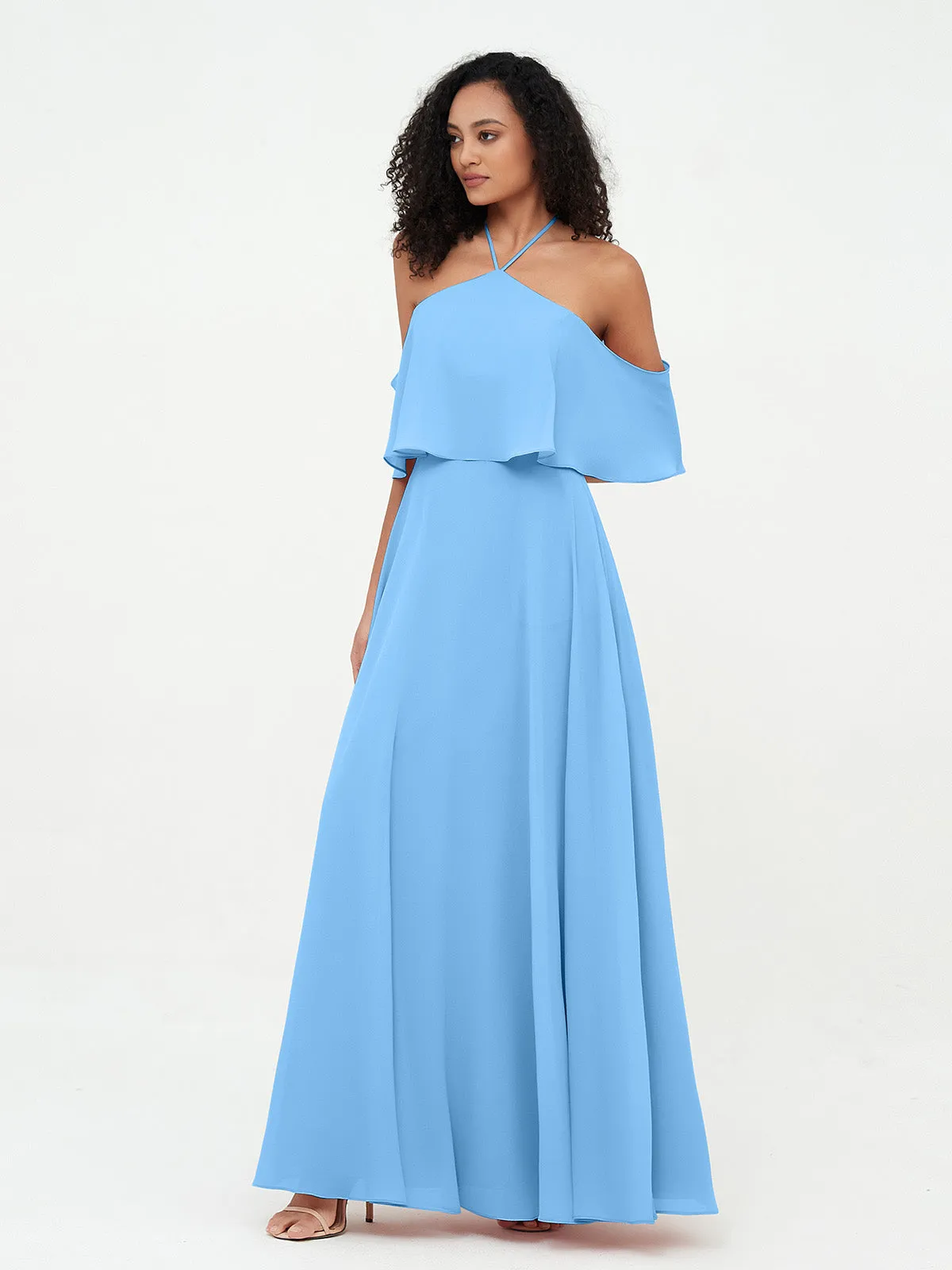 Halter Off the Shoulder Max Dresses with Pockets-Blue