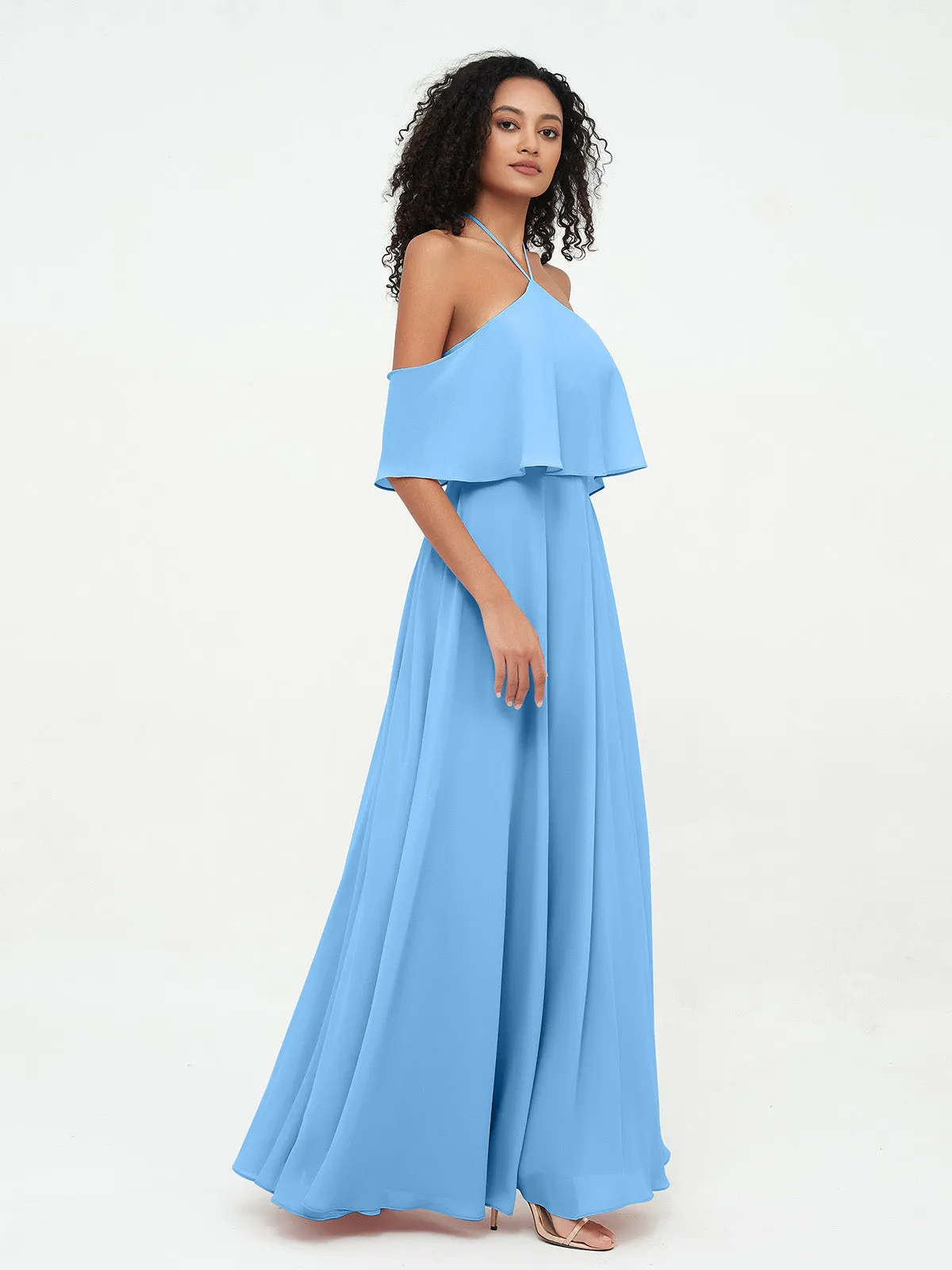 Halter Off the Shoulder Max Dresses with Pockets-Blue