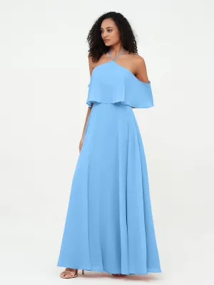 Halter Off the Shoulder Max Dresses with Pockets-Blue